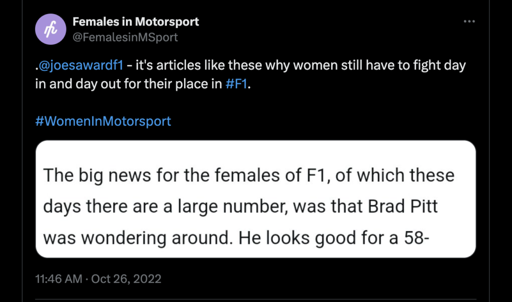 Tweet de Females in Motorsports dénonçant des propos sexistes dans le sport auto